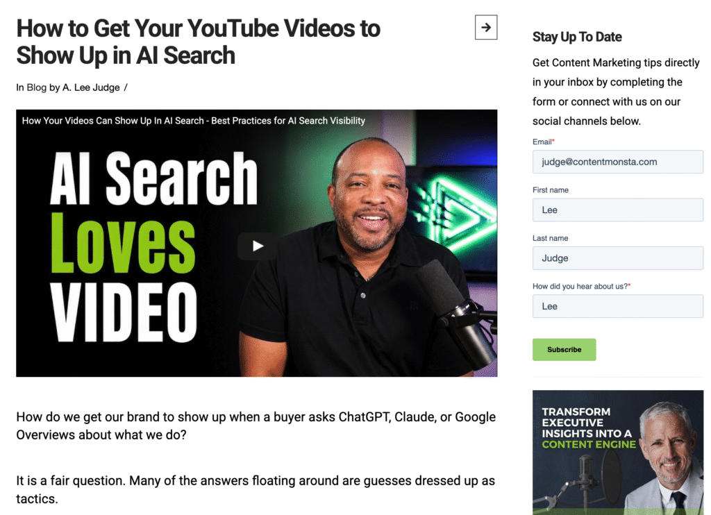 Content Monsta article with YouTube video embed