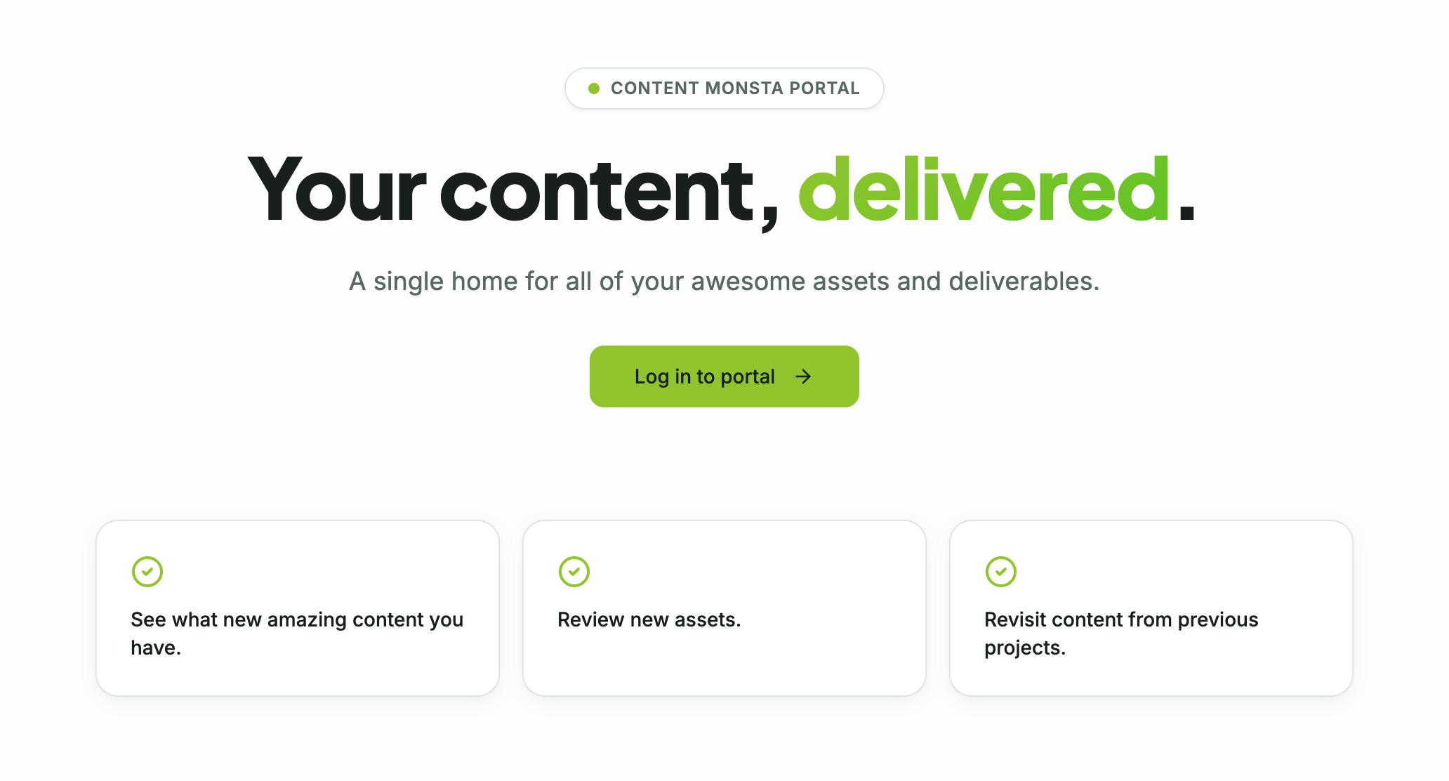 Content Monsta client portal home screen, where clients see new content, review assets, and revisit past projects