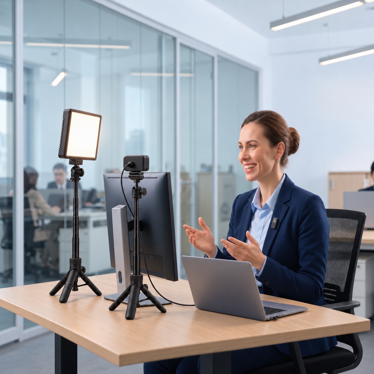 Executive recording a video at their own desk with the Content Monsta remote recording kit