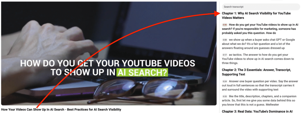 YouTube's transcript window.